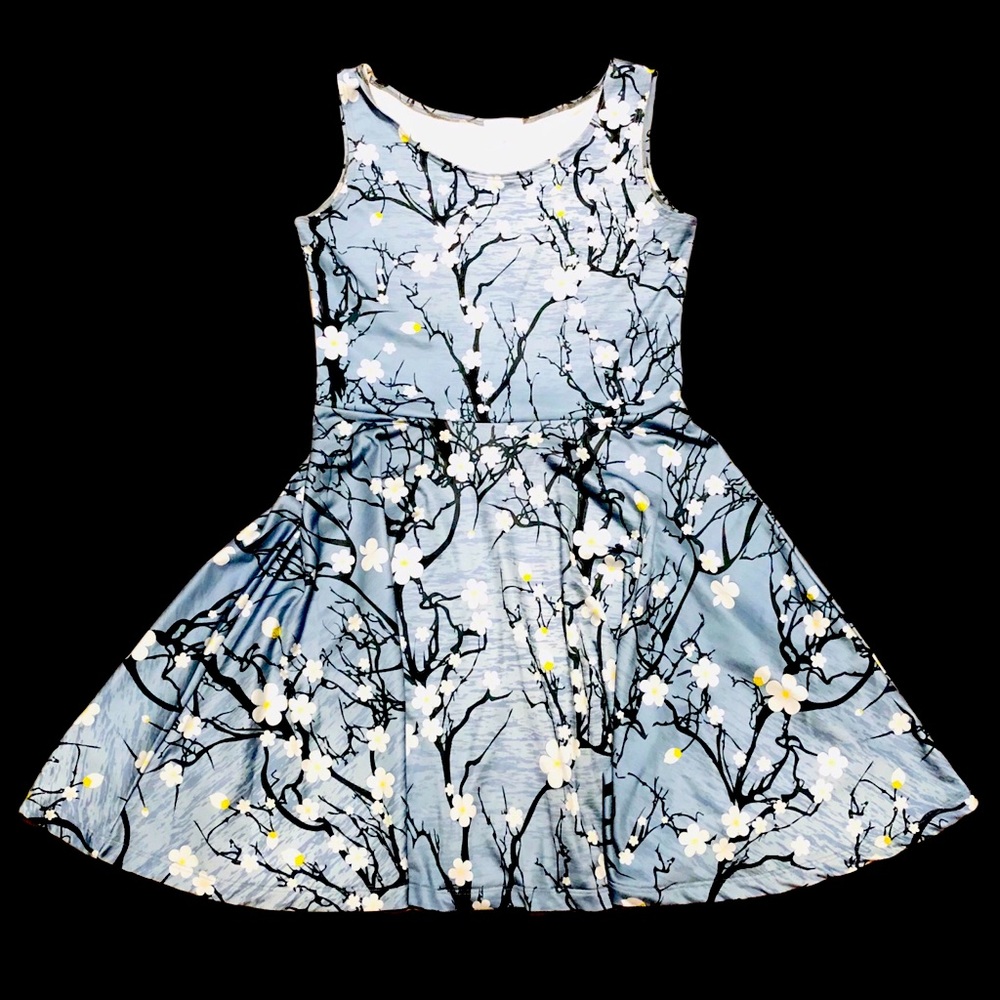 CowCow Japanese Cherry Blossom Fit & Flare Dress Blue Gray MED Stretch Floral